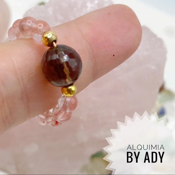 9 Rose Quartz and Smokey Quartz beaded gem ring - Picture 1 of 3